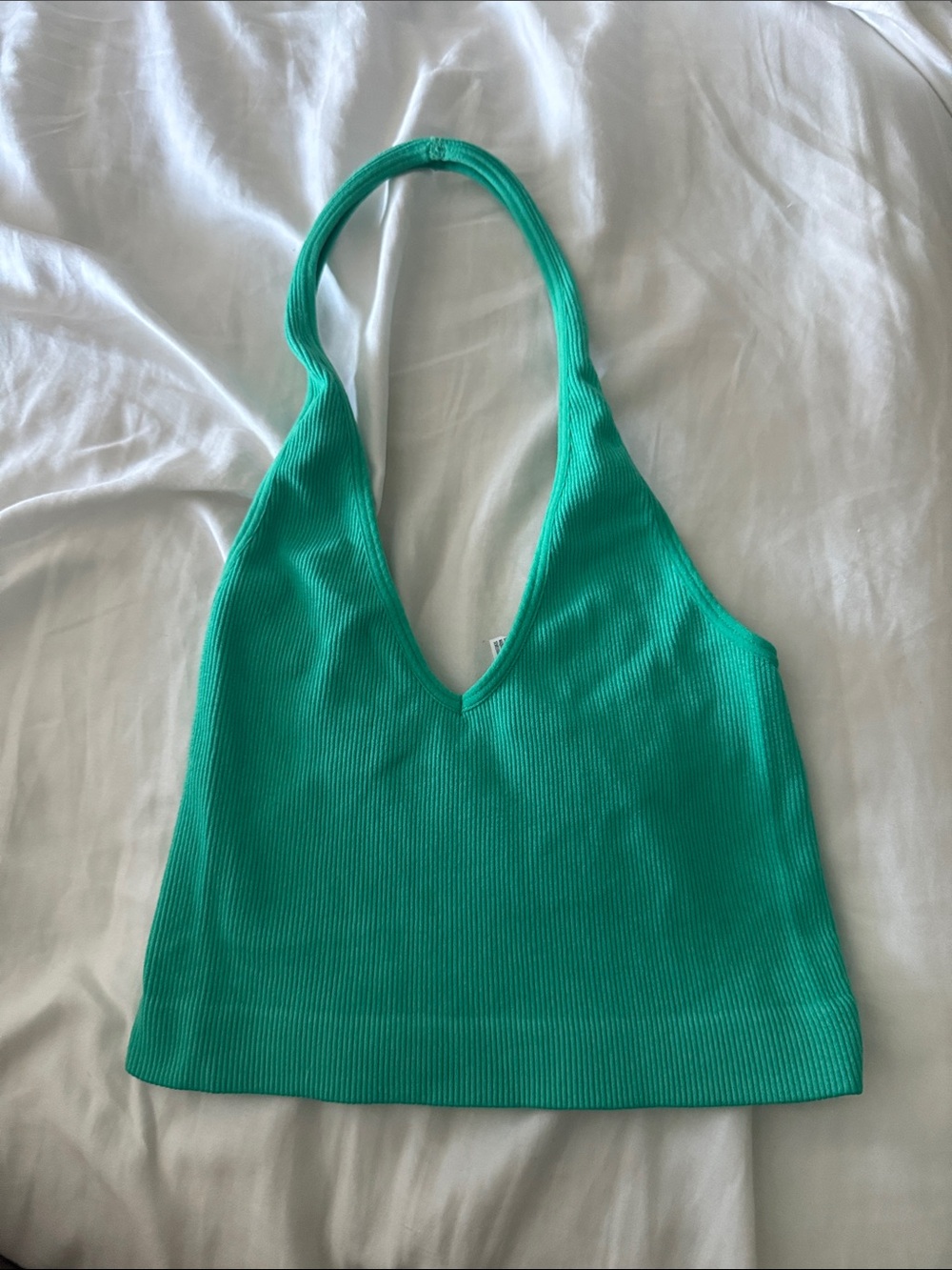 Green Ribbed Halter Crop Top